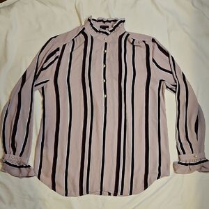 Ann Taylor Pink Ruffled Neck Blouse w Stripes, Faux Pearl Buttons size Large